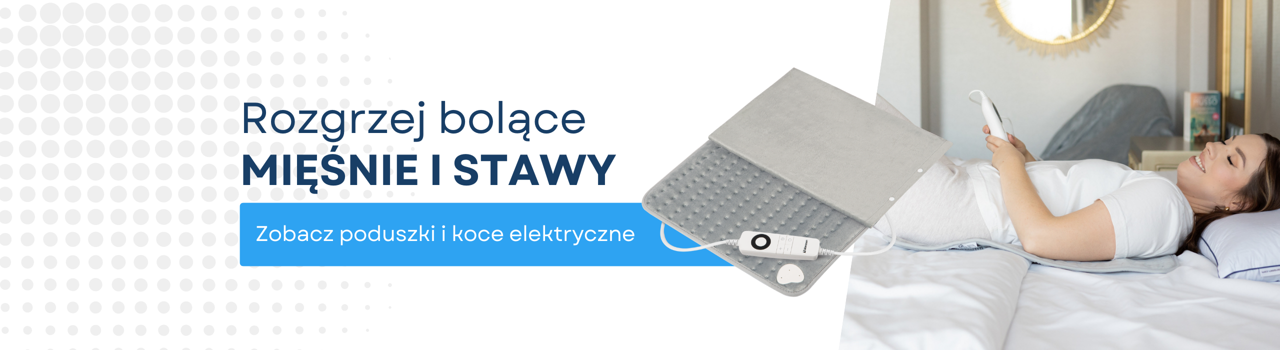 Zrelaksowana kobieta leżąca w łóżku z rozgrzewającą poduszką elektryczną pod plecami. Sklep medyczny Balanssen - poduszki i koce elektryczne.