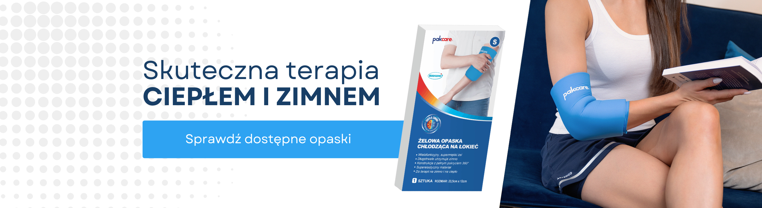 Kobieta z chłodzącą opaską żelową na łokciu czyta książkę. Sklep medyczny Balanssen - skuteczna terapia ciepłem i zimnem.