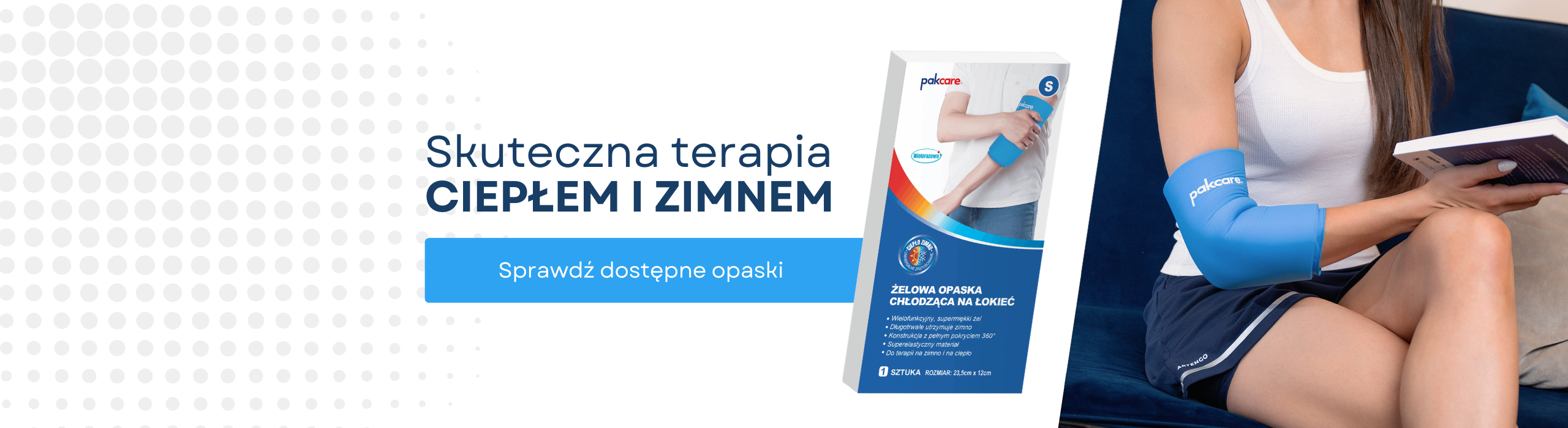 Kobieta z chłodzącą opaską żelową na łokciu czyta książkę. Sklep medyczny Balanssen - skuteczna terapia ciepłem i zimnem.